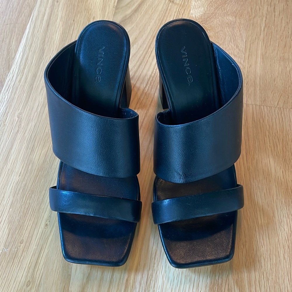 Vince Black Leather Square Toe Mules